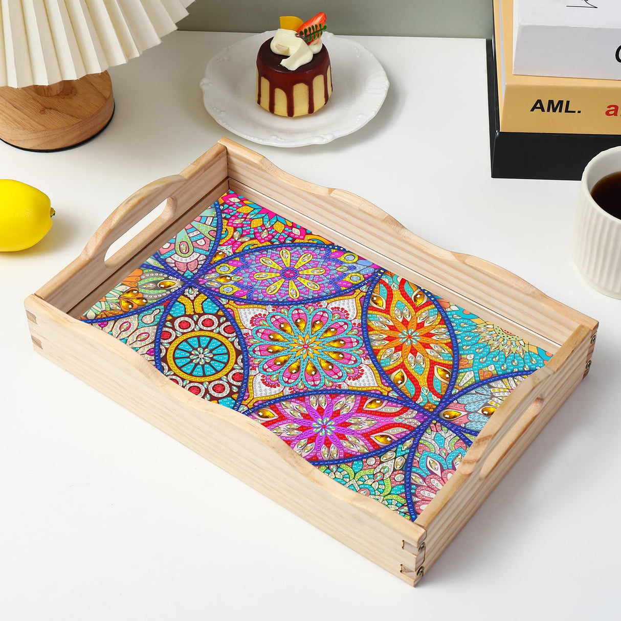 EWJRNSF Diamond Art Kits for Adults Wooden Serving Trays with Handles, 5D Diamond Painting Big Gem Arts and Craft Gifts Trays Decor Gift Home Decor 7.8x11.8 Inches Mandala A EWJRNSF