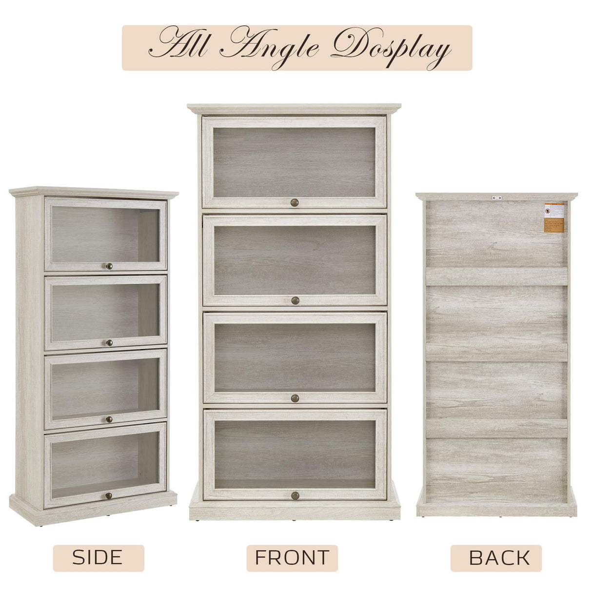 CKEASEAN Tall Bookcase with Glass Doors, 63" H Farmhouse Glass Curio Display Cabinet with Flip up Doors, Elegant Storage Cabinet with 4-Tier Shelves, Rack for Living Room (White) CKEASEAN