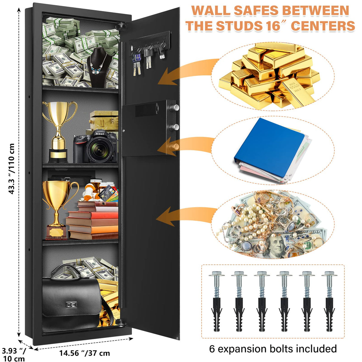 43.3" Tall Fireproof Wall Safes Between the Studs 16" Centers, Electronic Hidden Safe with Removable Shelf, Fireproof in Wall Safe for Money Jewelry Passport GUVELI