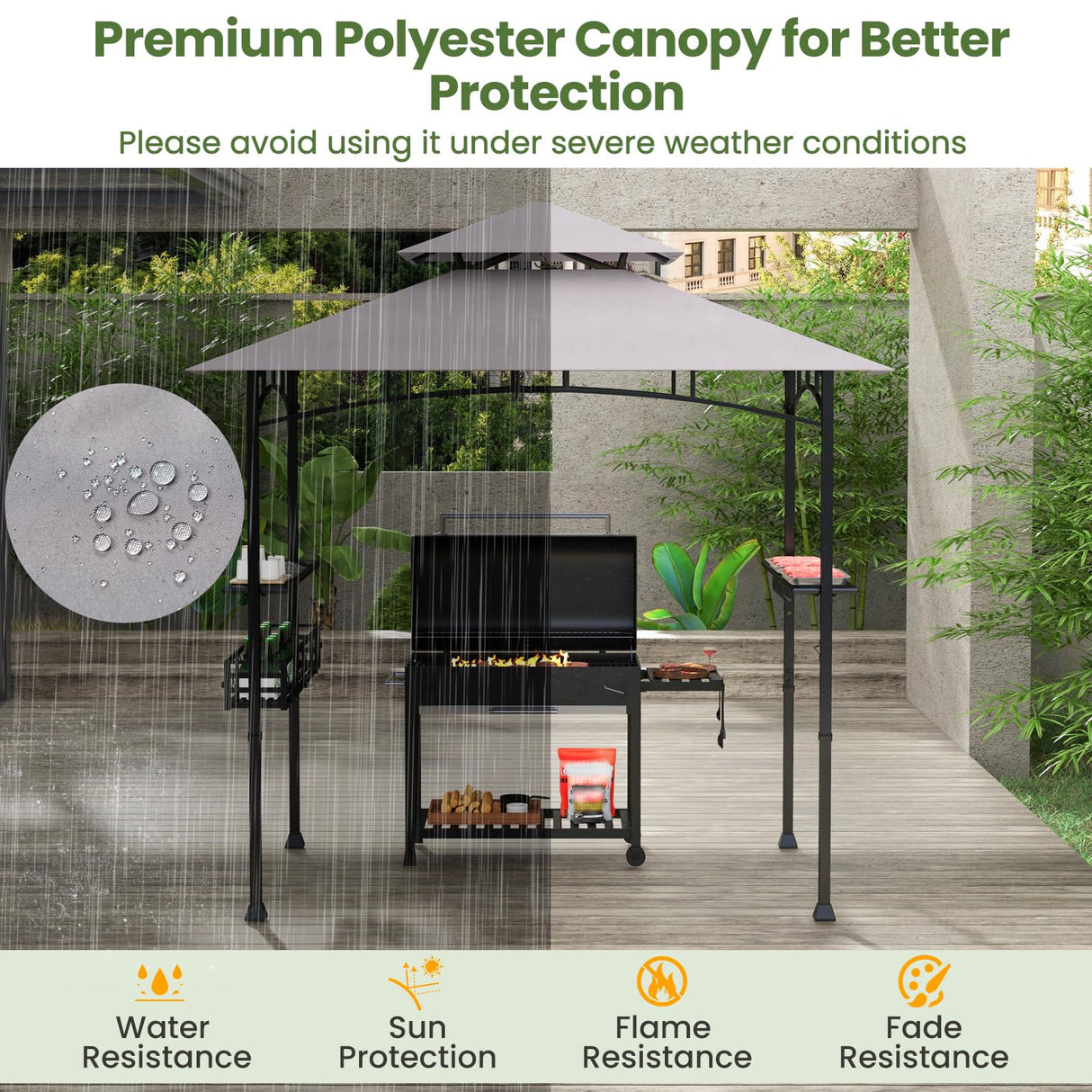 HAPPYGRILL 8 x 5 FT BBQ Grill Gazebo with 2 Side Shelves, Storage Basket, Hanging Hooks, Bottle Opener, Double-Tiered Top, Metal Frame, Outdoor Barbecue Canopy, Grilling Shelter for Patio Garden Yard HAPPYGRILL