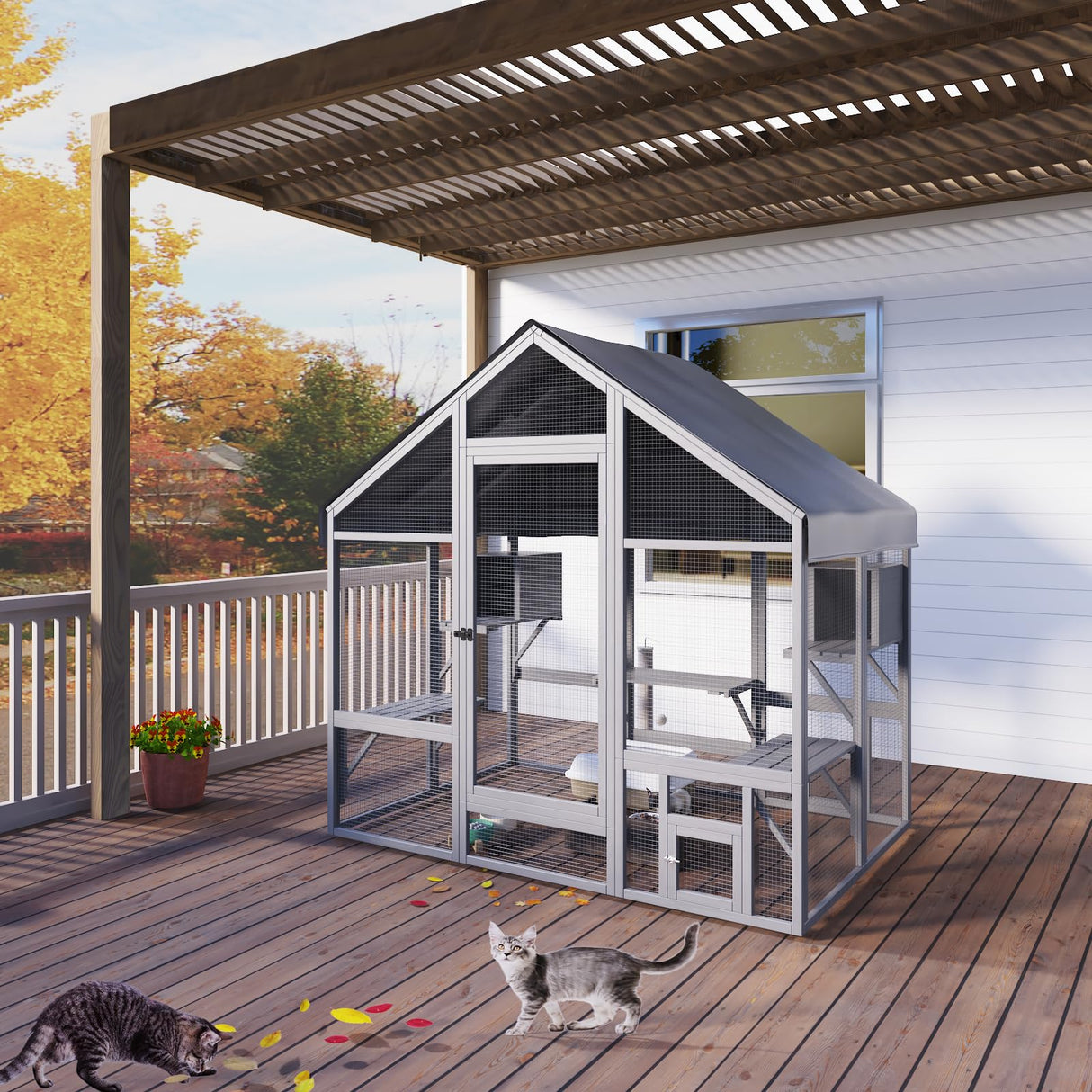 TIMHAKA Catio Outdoor Cat Enclosure, Large Outdoor House for Multiple Cats with 7 Platforms, 2 Resting Box, Wooden Cage for Patio, Outside Shelter with Weatherproof Cover, 71 x 49 x 71 inch TIMHAKA