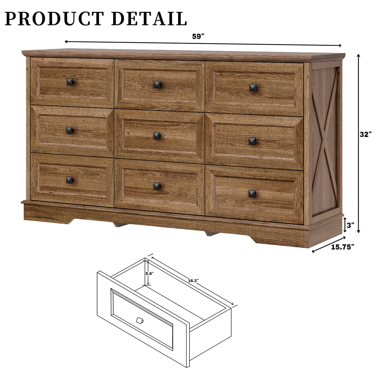 FFBCFDK Farmhouse 9 Drawers Dresser Chests for Bedroom, 9 Drawers TV Stand, Long Wood Dressers Organizer for Closet, Modern Storage Organizer Cabinet for Bedroom, Hallway & Entryway, Natural Oak FFBCFDK