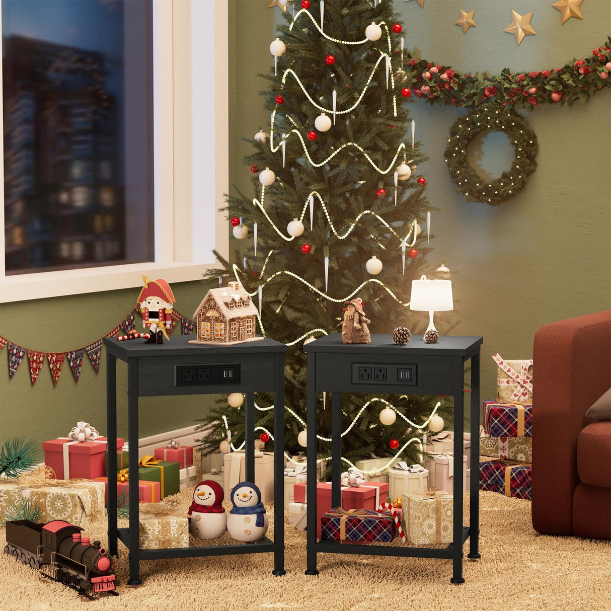 Fixwal Nightstands Set of 2 with Charging Station, End Tables with U-S-B Ports and Power Outlets, Narrow Bedside Table Set of 2 for Living Room, Farmhouse, Sofa Couch (Black) Fixwal