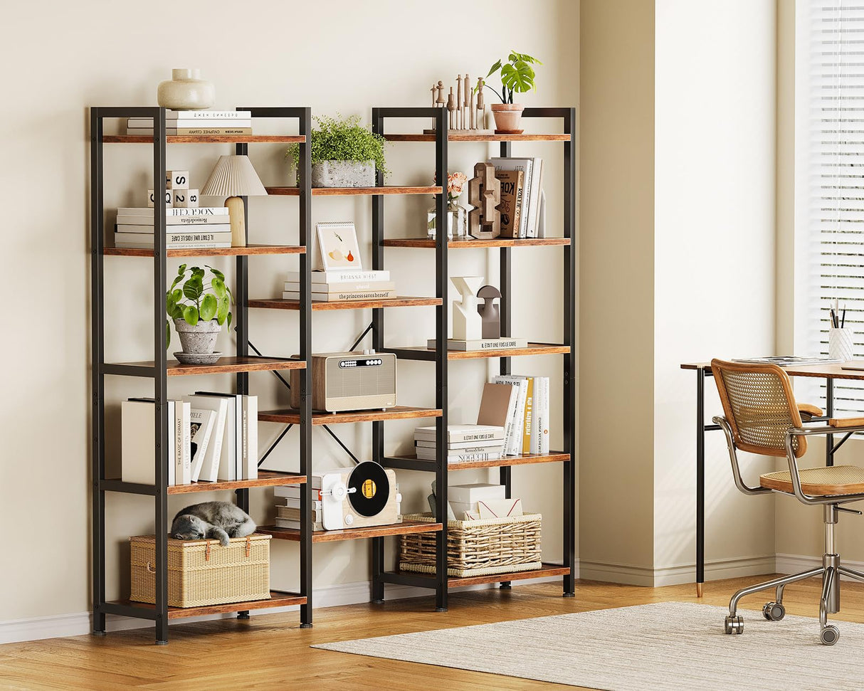 Casaottima Triple 5 Tier Bookshelf, Large Bookcase with 14 Open Display Shelves, Modern Industrial Book Shelves Book Case for Bedroom, Wide Standing Shelving Unit for Living Room Home Office, Vintage Casaottima