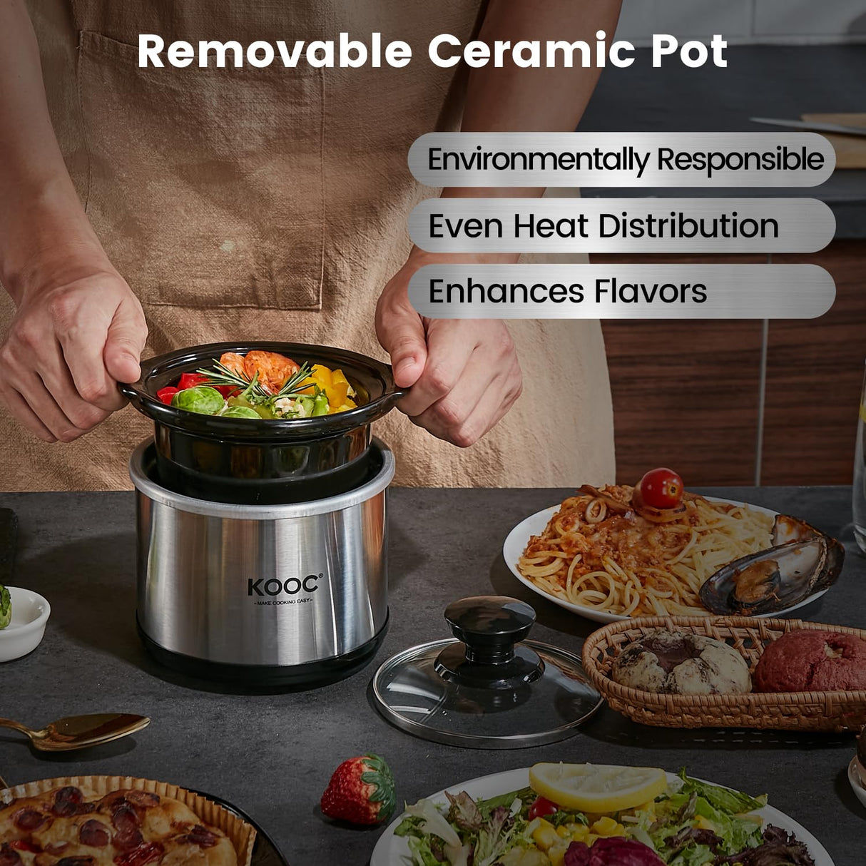 KOOC Small Slow Cooker, 0.65-Quart, Free Liners Included for Easy Clean-up, Upgraded Ceramic Pot, Nutrient Loss Reduction, Stainless Steel, Silver, Round KOOC