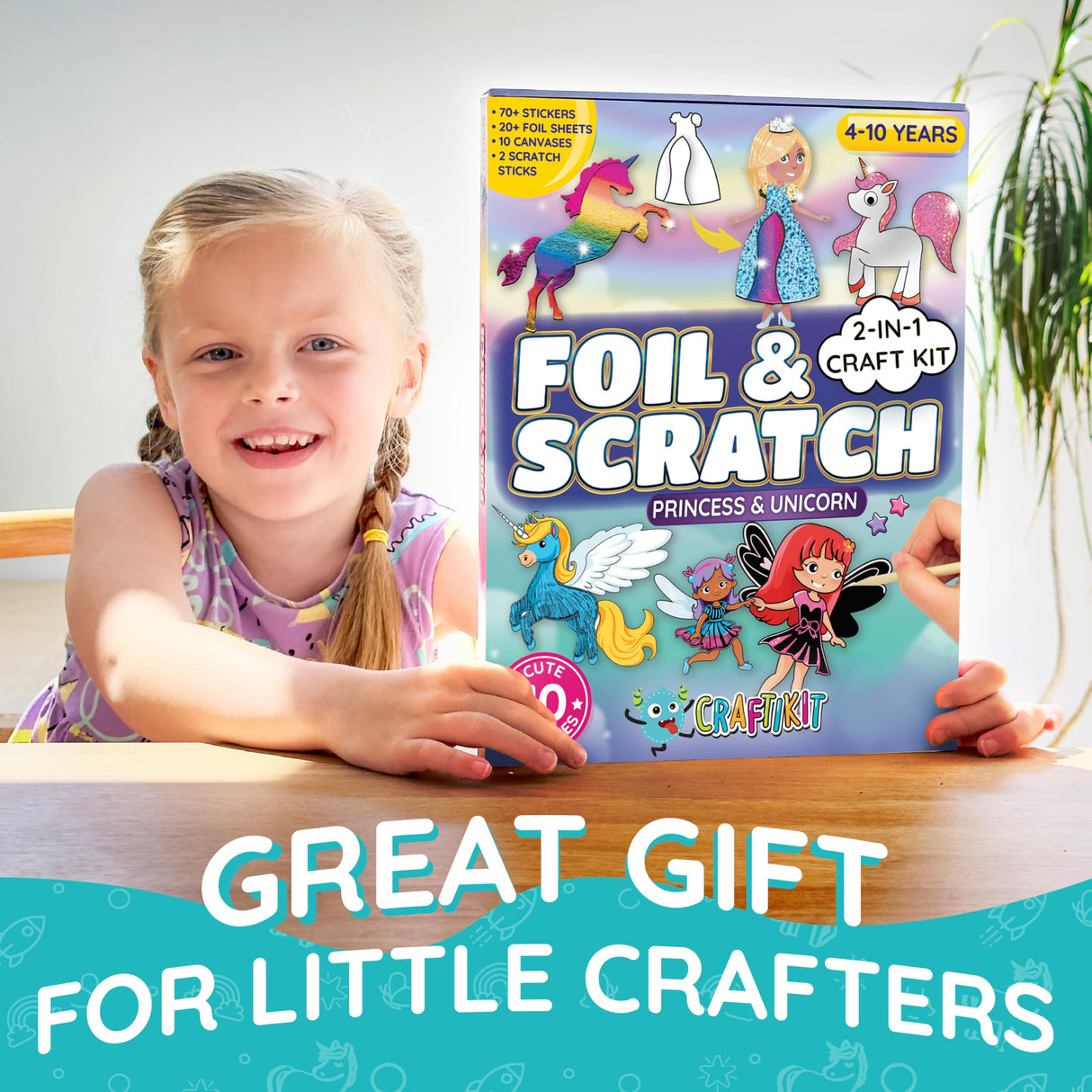 Craftikit ® Award-Winning Unicorn and Princess Foil Art & Rainbow Scratch Art for Kids- 2-in-1 Arts and Crafts Kit for Kids Ages 4-10 - Unicorn Crafts for Girls Ages 4, 5, 6, 7, 8, 9, 10 Craftikit