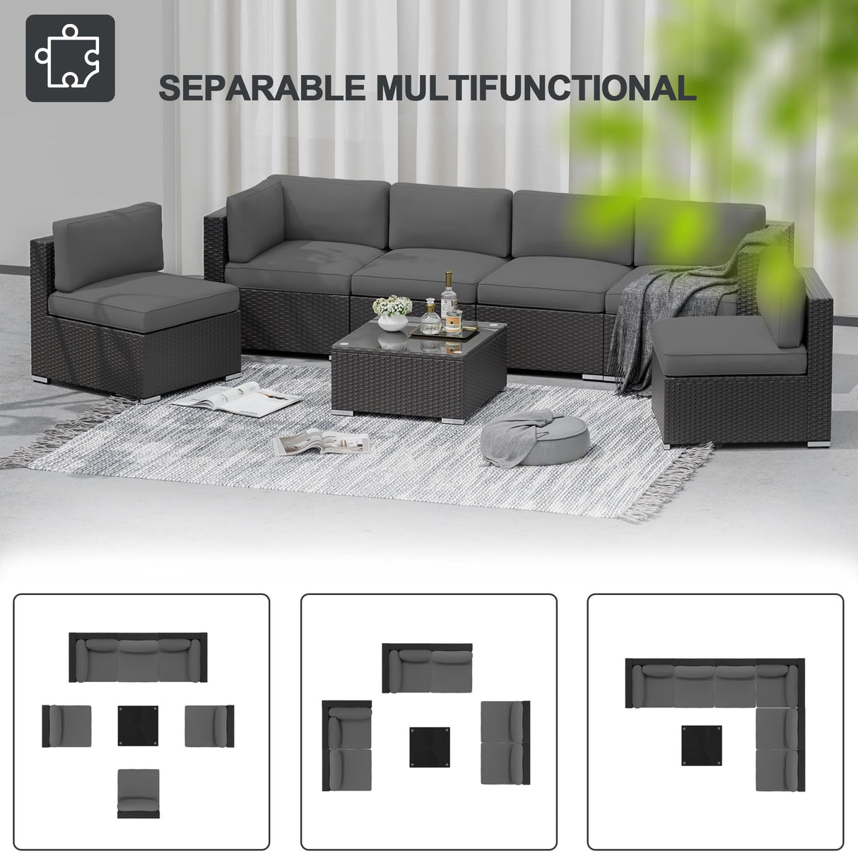 SUNCROWN 7-Piece Outdoor Patio Furniture Sofa Set All-Weather Wicker Sectional Conversation Set with Modern Glass Coffee Table and Cushions,Dark Grey SUNCROWN
