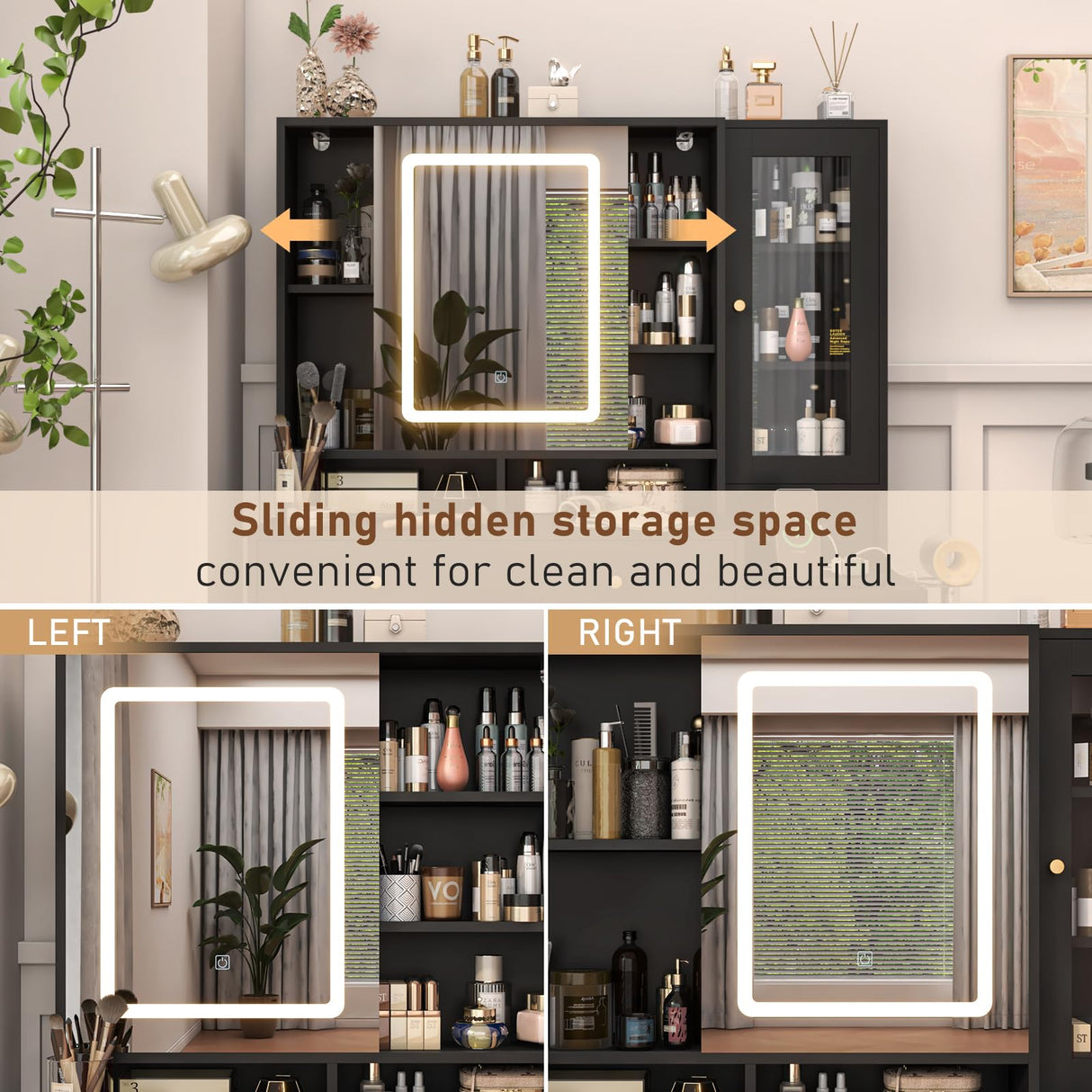 jiteentarou Black Vanity Desk with Sliding Mirror & Lights, Vanity Table Makeup Desk with Charging Station 2 Drawers 2 Doors, Lots Storage Shelves, Large Vanity Set with Cushioned Stool, Black jiteentarou