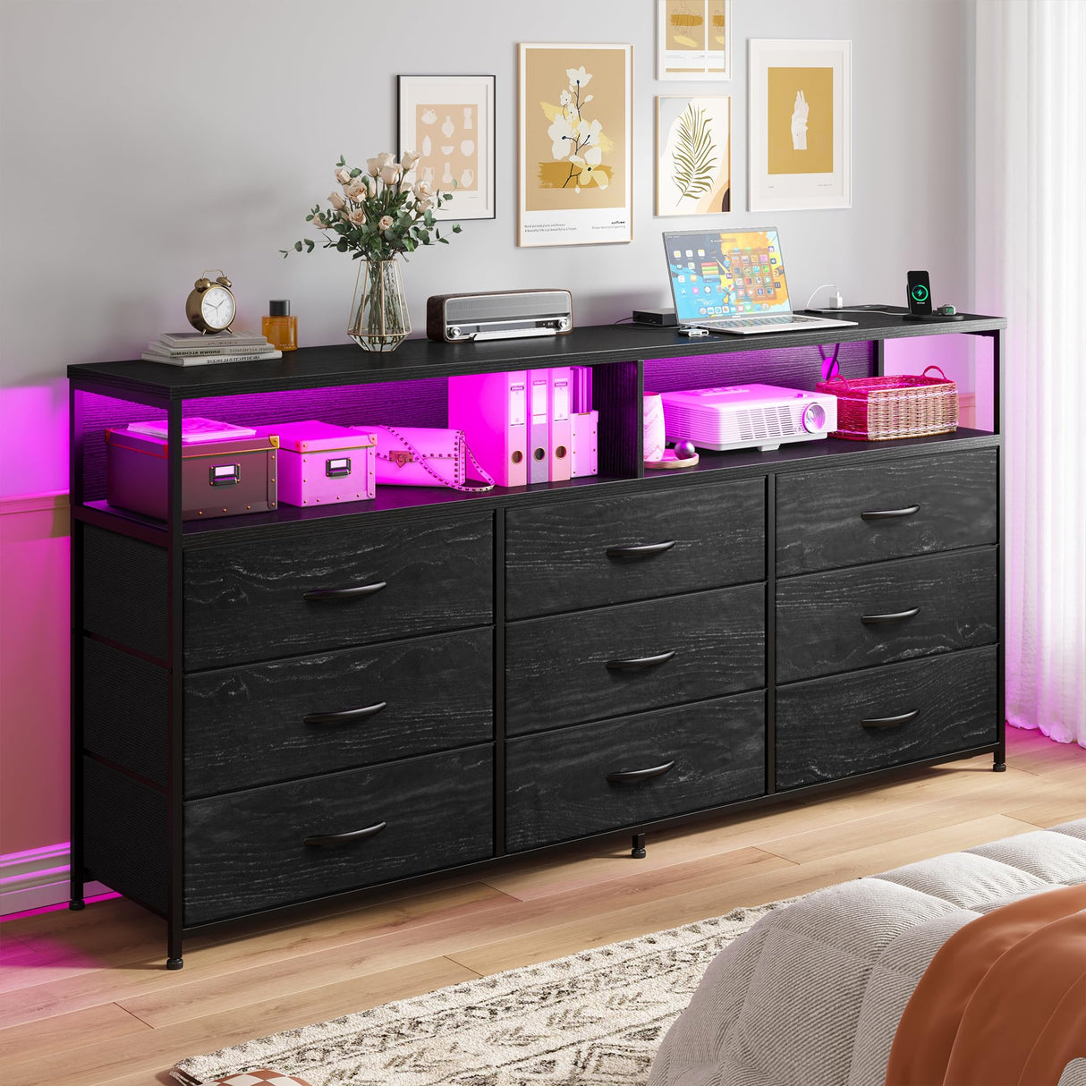 EnHomee 55” W Dresser, Black Dresser for Bedroom with Power Outlet & LED Lights for 65" TV Stand for Bedroom Dresser with 9 Fabric Drawers, Sturdy Dressers for Bedroom, Closet, Entryway EnHomee