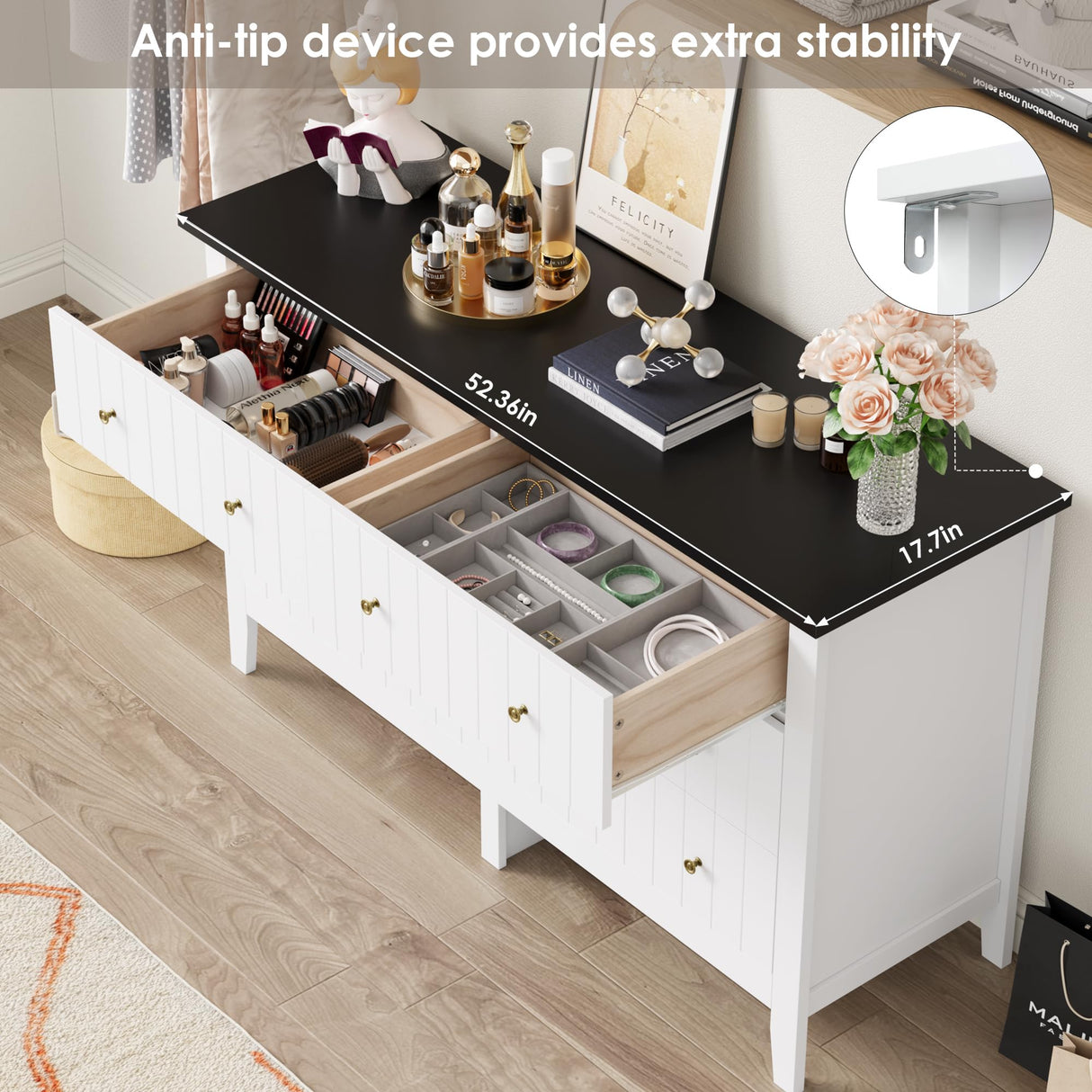 FOTOSOK White Dresser, Chest of Drawers, Modern 6 Drawer Double Dresser with Deep Drawers, Nursery Dresser for Baby, Wide Storage Organizer Cabinet for Living Room, Hallway,White&Black FOTOSOK