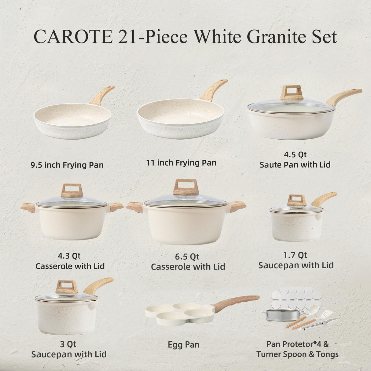 CAROTE 21Pcs Pots and Pans Set, Nonstick Cookware Sets, White Granite Induction Cookware Non Stick Cooking Set w/Frying Pans & Saucepans(PFOS, PFOA Free) CAROTE