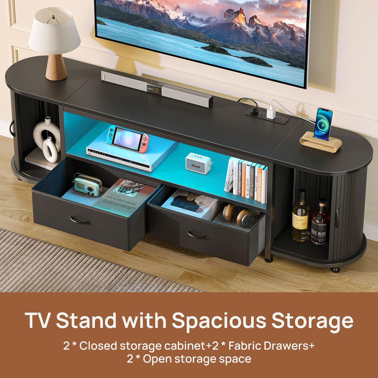 Rolanstar TV Stand for 55 60 inch TV, Entertainment Center with Power Outlet and LED, 2 Fabric Drawers TV Console with 2 Cabinet, Open Shelf, Sliding Door, Media Console for Bedroom/Living Room Rolanstar