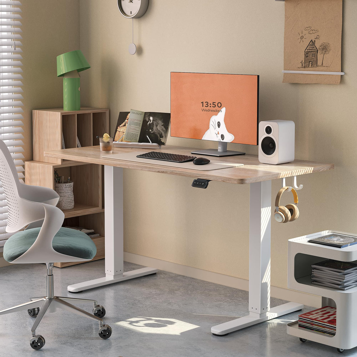 BANTI 55'' Standing Desk, Electric Stand up Height Adjustable Home Office Table, Sit Stand Desk with Splice Board, Oak BANTI