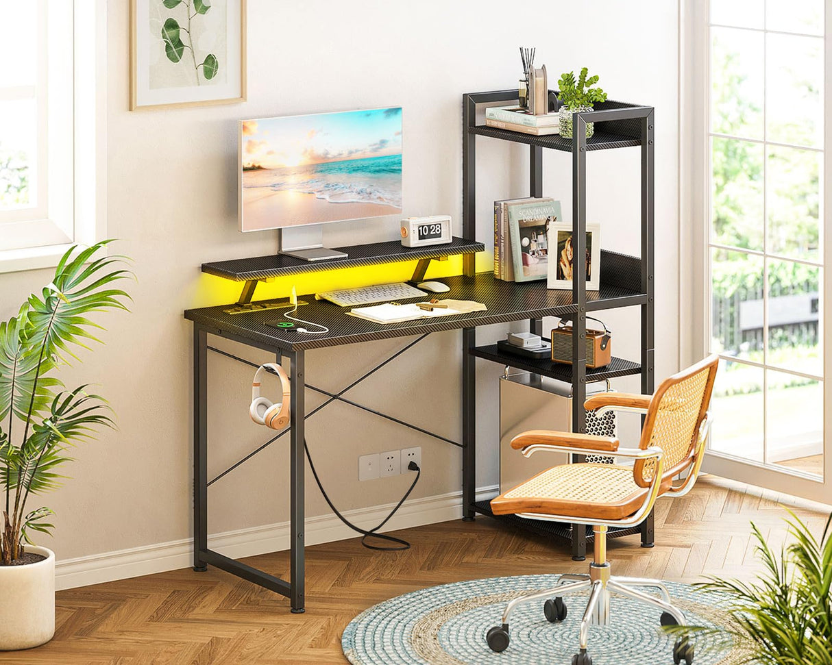 ODK Reversible Gaming Desk with USB Charging Port and LED Lights, 40 Inch Computer Desk with Storage Shelves & Monitor Stand, Study Table for Home Office, Small Space Bedroom, Carbon Fiber Black ODK