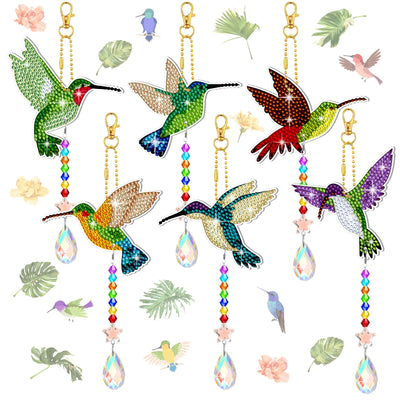 Tradder 6 Pcs Diamond Art Painting Rhinestone Hummingbird Wind Chimes Birds Art Kits for Adults Diamond Summer Decor Suncatchers Double Sided 5d DIY with Crystal Pendant for Home Window Decor Garden