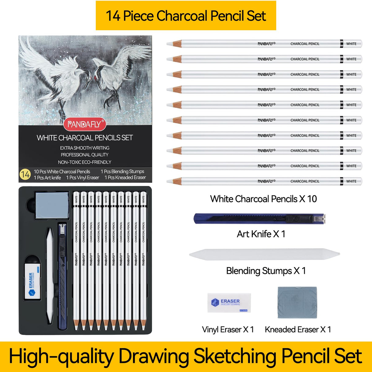 PANDAFLY White Charcoal Pencils Set, Professional 14 Piece Sketch Highlight Charcoal Pencils for Drawing, Sketching, Shading, Blending, White Chalk Pencils for Kid, Beginners & Pro Artists PANDAFLY