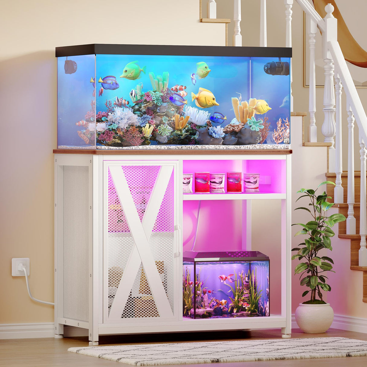 YITAHOME Fish Tank Stand with Power Outlets & LED Light, 40-50 Gallon Metal Aquarium Stand with Cabinet for Fish Tank Accessories Storage for Turtle Tank, Reptile Terrarium, 660LBS Capacity, White YITAHOME