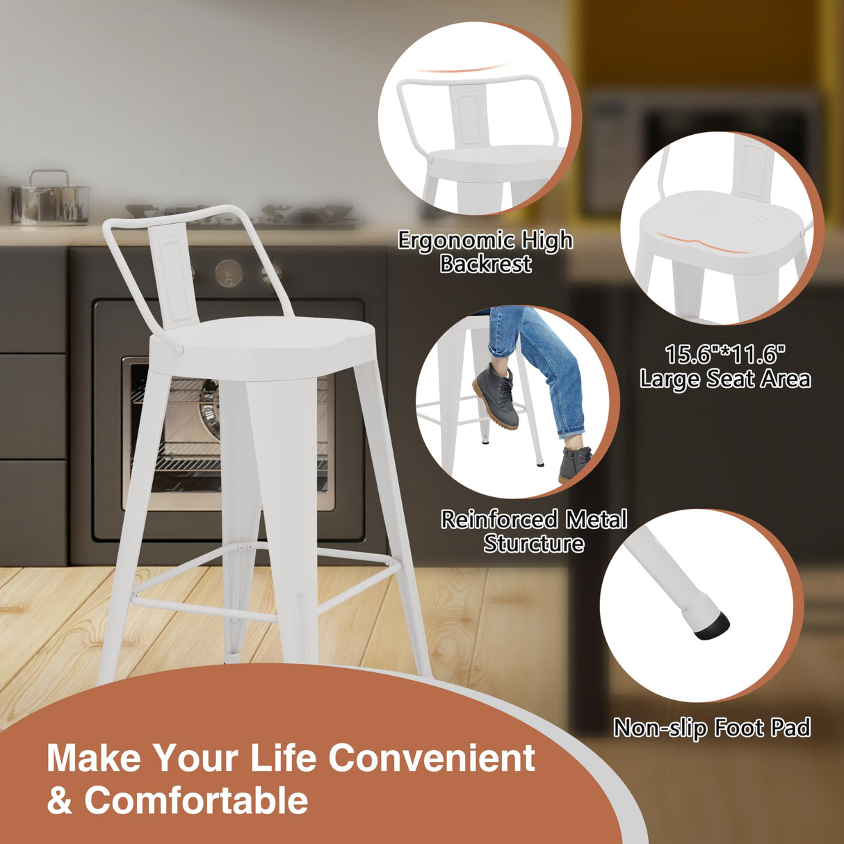 ALISH 30 Inch Bar Stools Set of 4, Industrial Metal Barstools Farmhouse Bar Chairs with Large Seat for Kitchen Island (30 Inch, White) ALISH