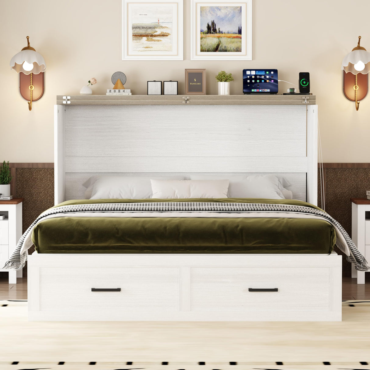 Bellemave Queen Size Murphy Bed, Cabinet Bed with Charging Station and Storage, Farmhouse Murphy Cabinet with Foldable Panel, Noisy Free, for Guest Bedroom, Living Room, Office, White Bellemave