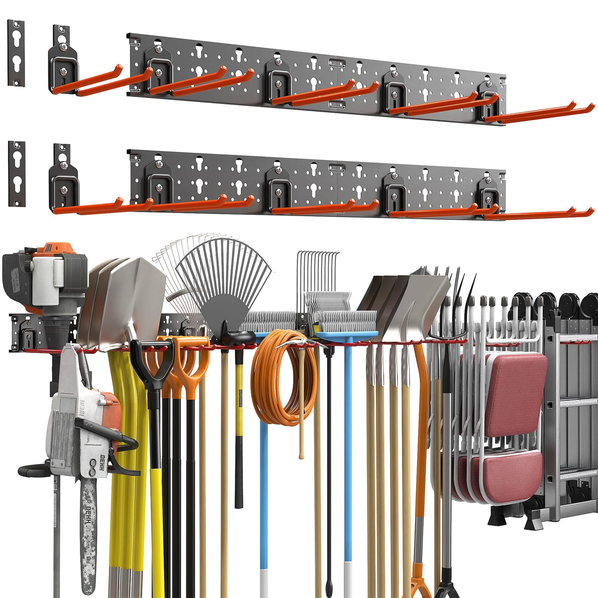 TORACK Garden Tool Organizer Wall Mount, Garage Folding Chair Storage Rack, Tools Rack for Shovels, Rakes, Broom, Ladders, Hooks for Keyhole Style Shelving Unit TORACK