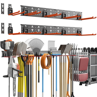 TORACK Garden Tool Organizer Wall Mount, Garage Folding Chair Storage Rack, Tools Rack for Shovels, Rakes, Broom, Ladders, Hooks for Keyhole Style Shelving Unit