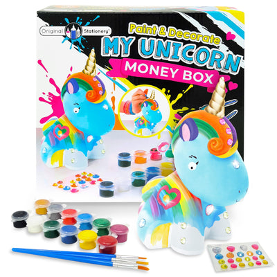Original Stationery Paint Your Own Unicorn Bank Kit - Multicolor Ceramic Money Box - Unicorn Art and Craft Bank with Acrylic Paints, 21 Gems & Glitter