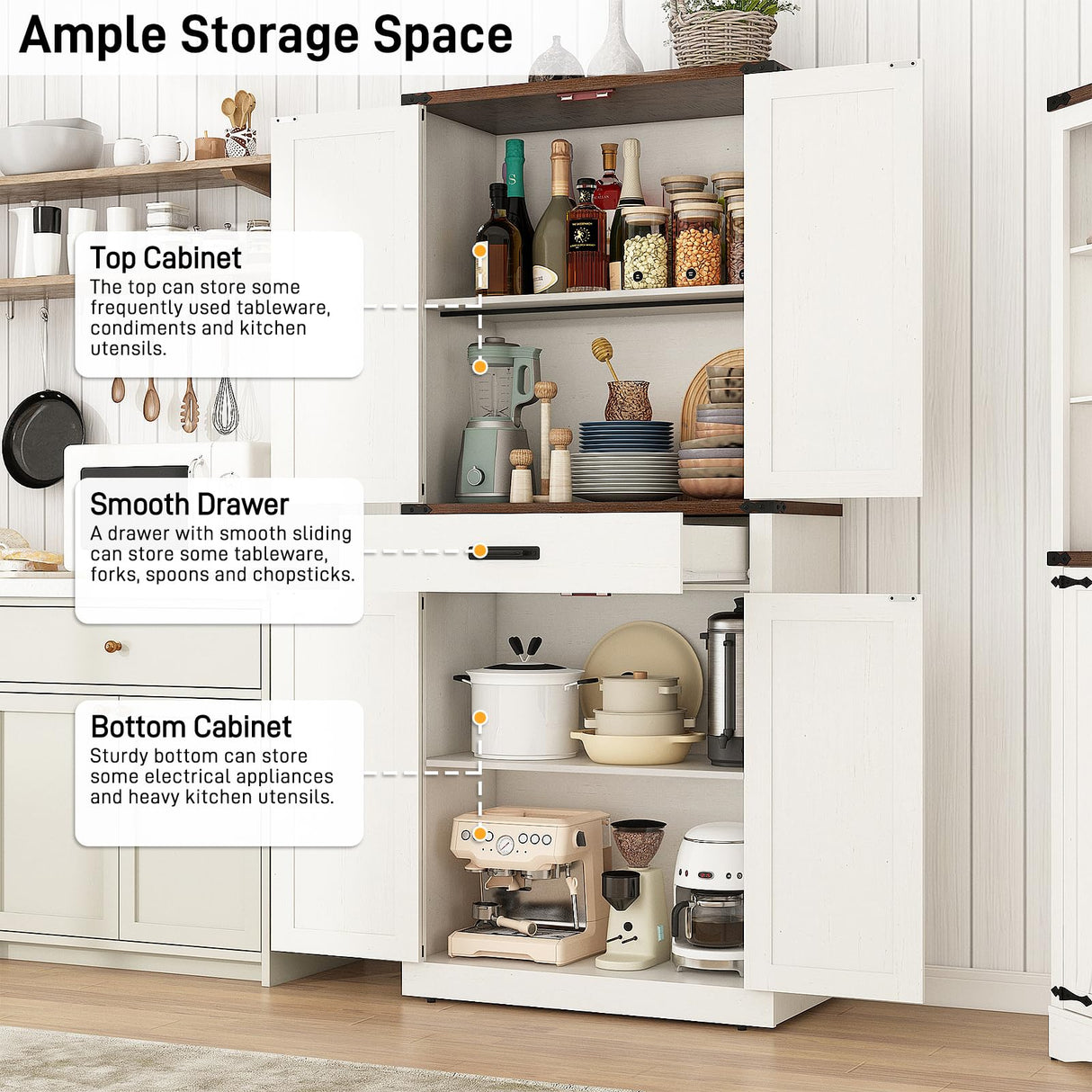 Hlivelood 72" Tall Farmhouse Kitchen Pantry Cabinet with Drawer, Rustic Wood Cupboard Storage Cabinet w/Organizer and 4 Barn Doors, Storage Cabinet for Kitchen, Dining Room, Living Room, Rustic White Hlivelood