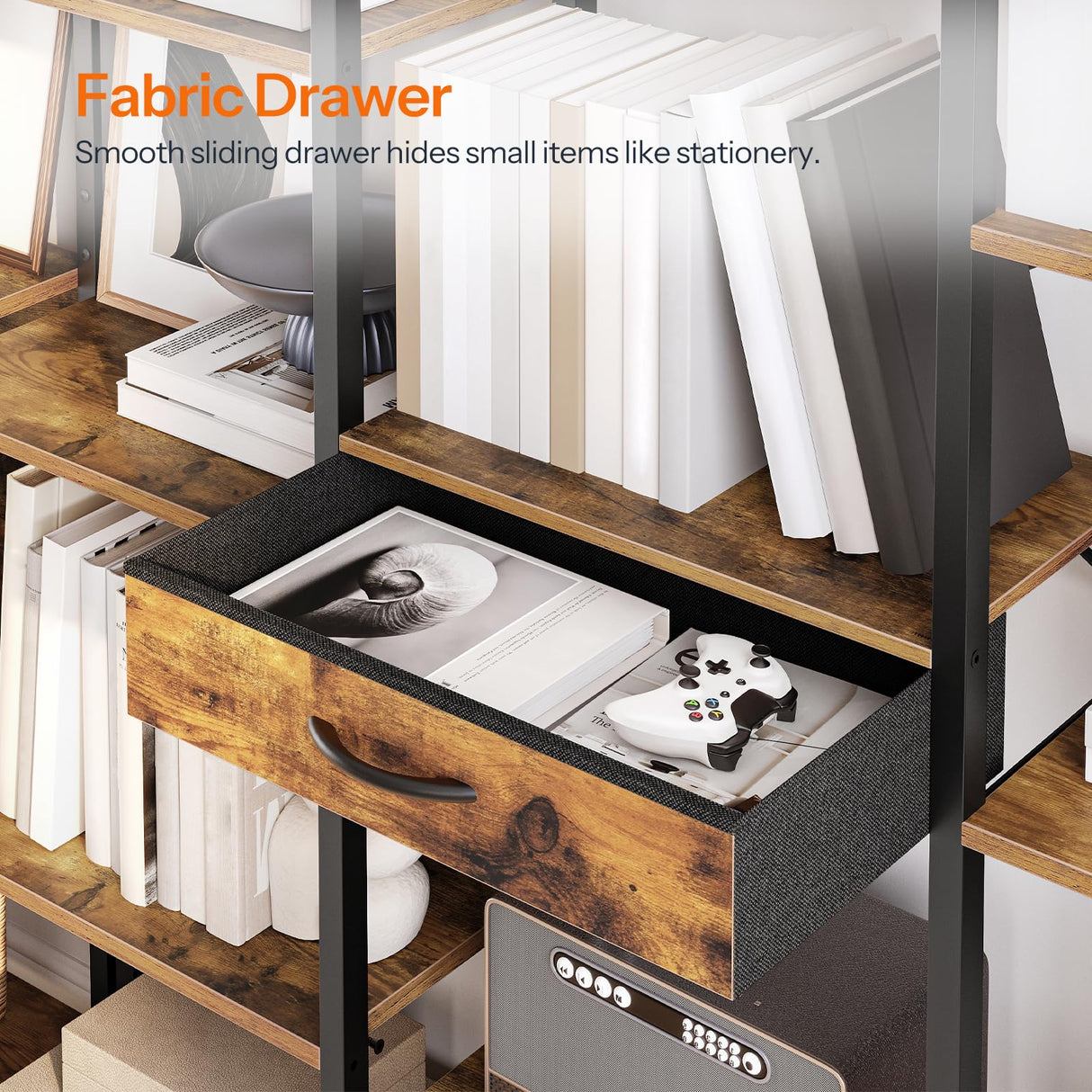 HOOBRO Triple Book Shelf, Industrial Bookshelf with Drawer, 5-Tier Bookcase with Metal Frame, Bookcase with 13 Open Display Shelves for Home Office, Living Room, Rustic Brown and Black BF160SJ01 HOOBRO