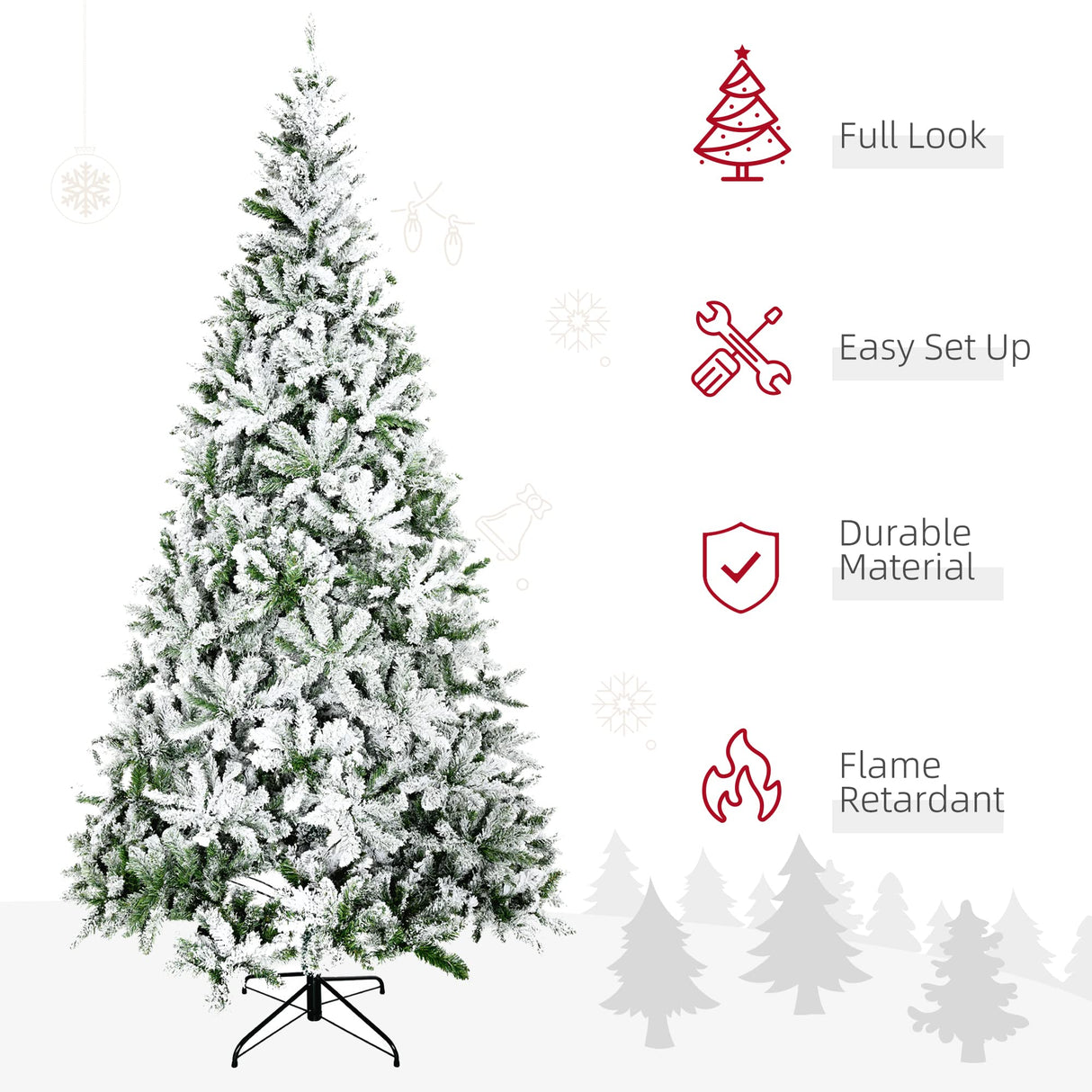 HOMCOM 9' Tall Unlit Snow Flocked Pine Artificial Christmas Tree with Realistic Branches, Green HOMCOM