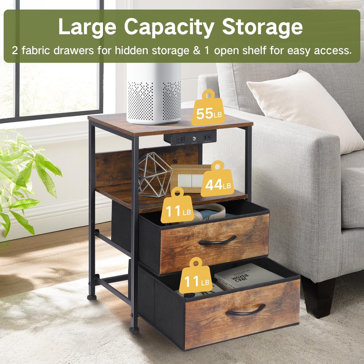 OUTONLIFE Nightstand with LED Dimmable Light & Charging Station, Narrow Bed Side Table with 2 Fabric Drawers, 2 USB Ports & AC Outlets, 3-Tier End Table with Storage Shelves for Bedroom, Living Room OUTONLIFE