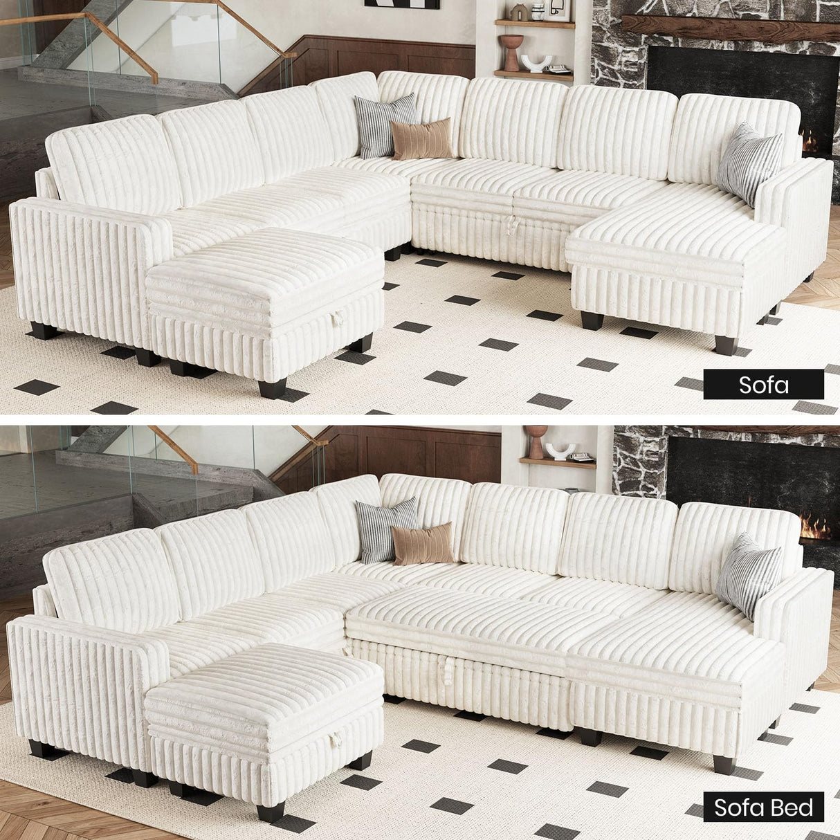 Belffin Oversized Sofa Bed Modular Sectional Sleeper Sofa with Pull Out Bed L Shaped Couch with Storage Chaise White Couch Belffin