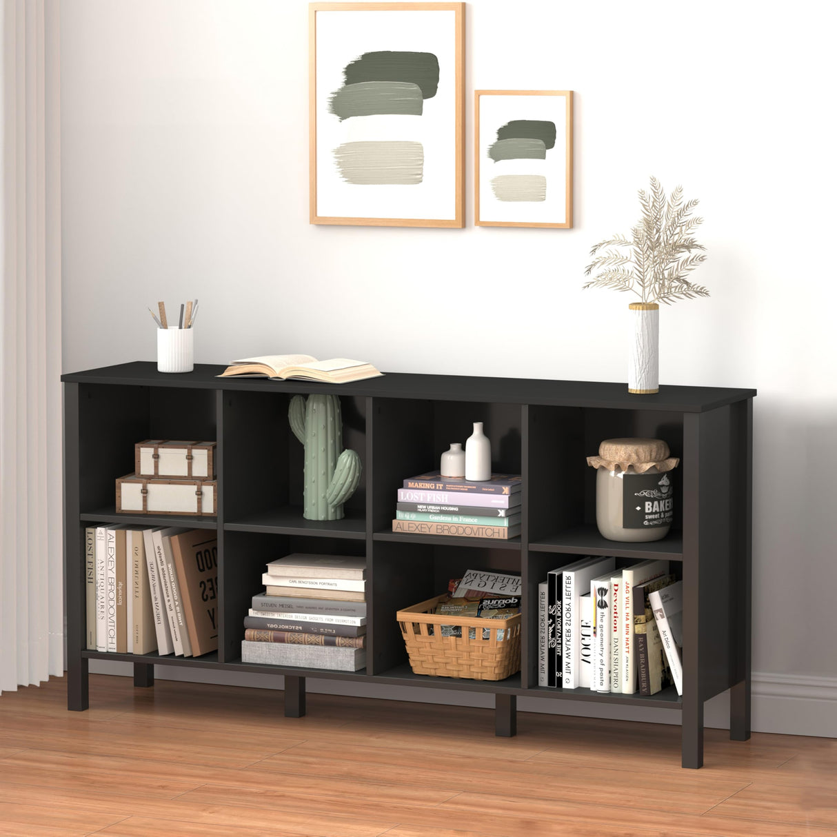 NewBeth 8-Cube Bookcase, Farmhouse Wooden Bookshelf Low Storage Organizer, 59" Horizontal Black Console with Legs, Hallway Book Case for Entryway, Display Cabinet for Living Room (Black, 8-Cube) NewBeth