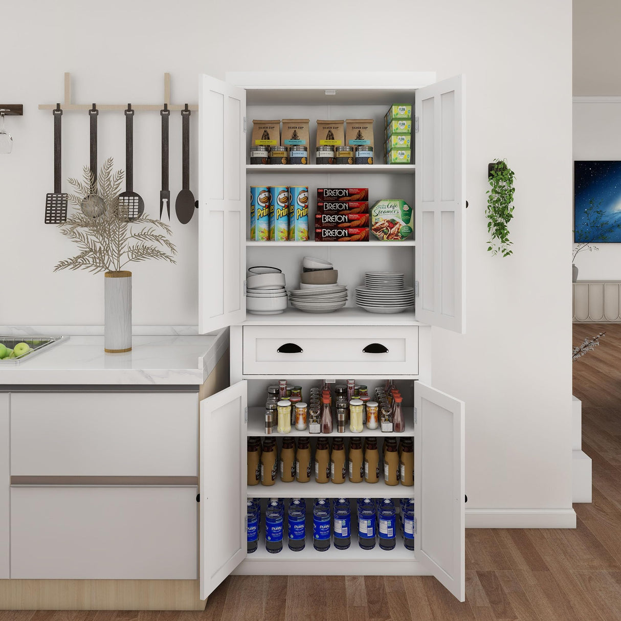 OQSC 72" Tall Kitchen Pantry and Storage Cabinet with Doors and Shelves, White Portable Pantry for Kitchen, Large Stand Alone Kitchen Pantry Storage Organizer OQSC