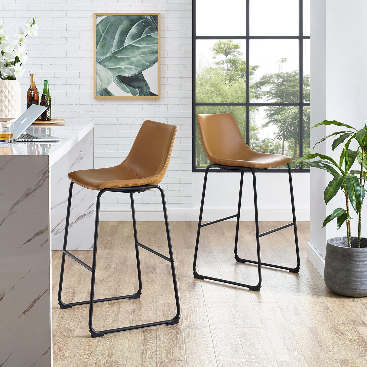 Walker Edison Douglas Urban Industrial Faux Leather Armless Lounge Kitchen Bar Chairs, Set of 2, Whiskey Brown Walker Edison