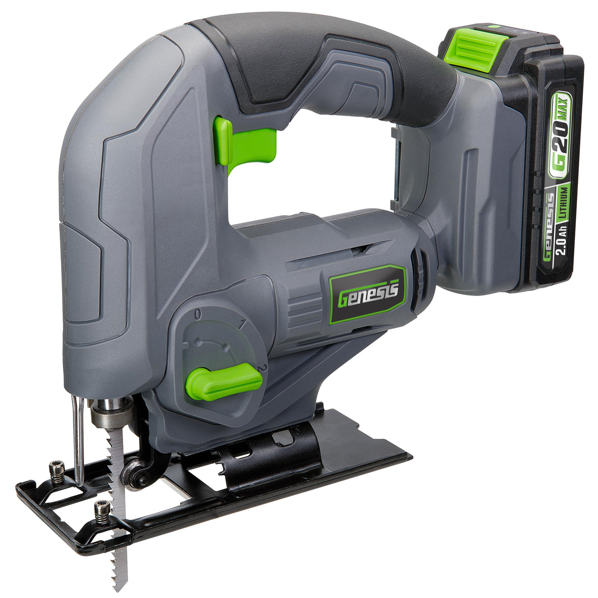 GENESIS G20MAX 20V Variable-Speed Jig Saw with 3-Orbital Settings, 2.0Ah Battery and quick charger included, Toolless blade clamp, Bevel Cutting left & right. Genesis