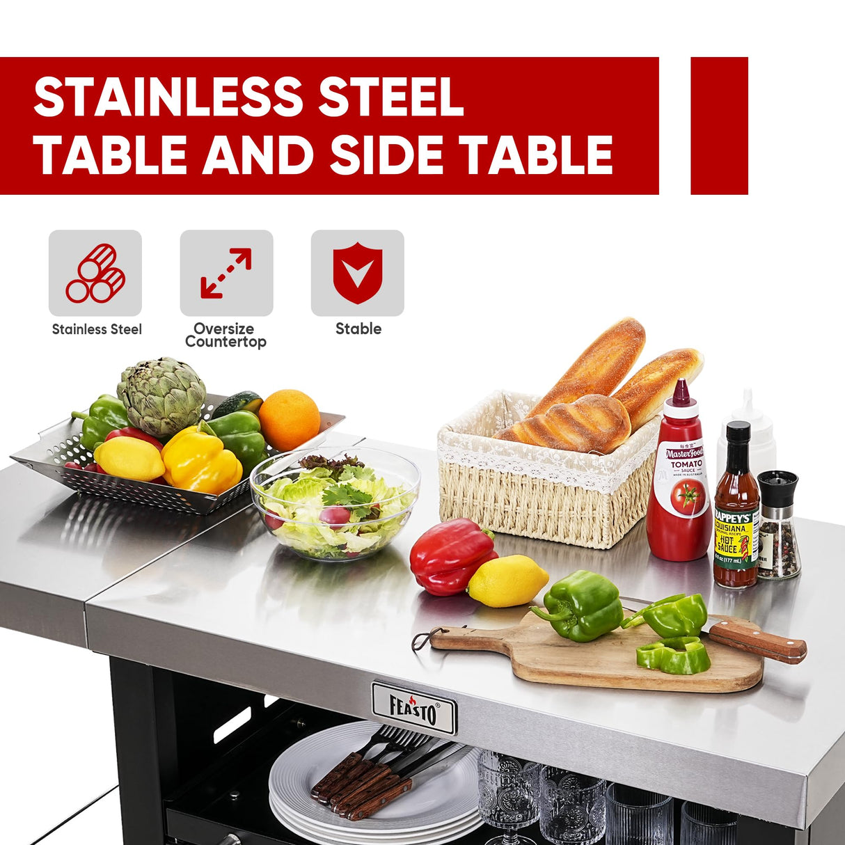 Grill Table,Outdoor Kitchen with Cabinet Outdoor Grill Table with 2 Foldable Side Tables Stainless Steel Top for Outdoor Kitchen Cabinets, Bar Cart, Movable Grill Cart with Pull-Out Plate, L74”x W24” Feasto