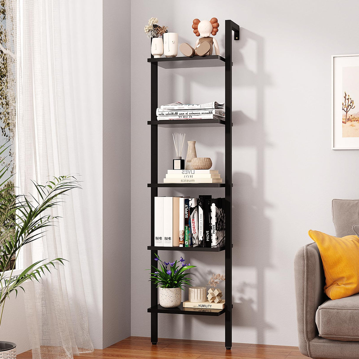 YMYNY Industrial 5-Tier Wall-Mounted Ladder Bookcase - Black Wooden Storage Shelves YMYNY