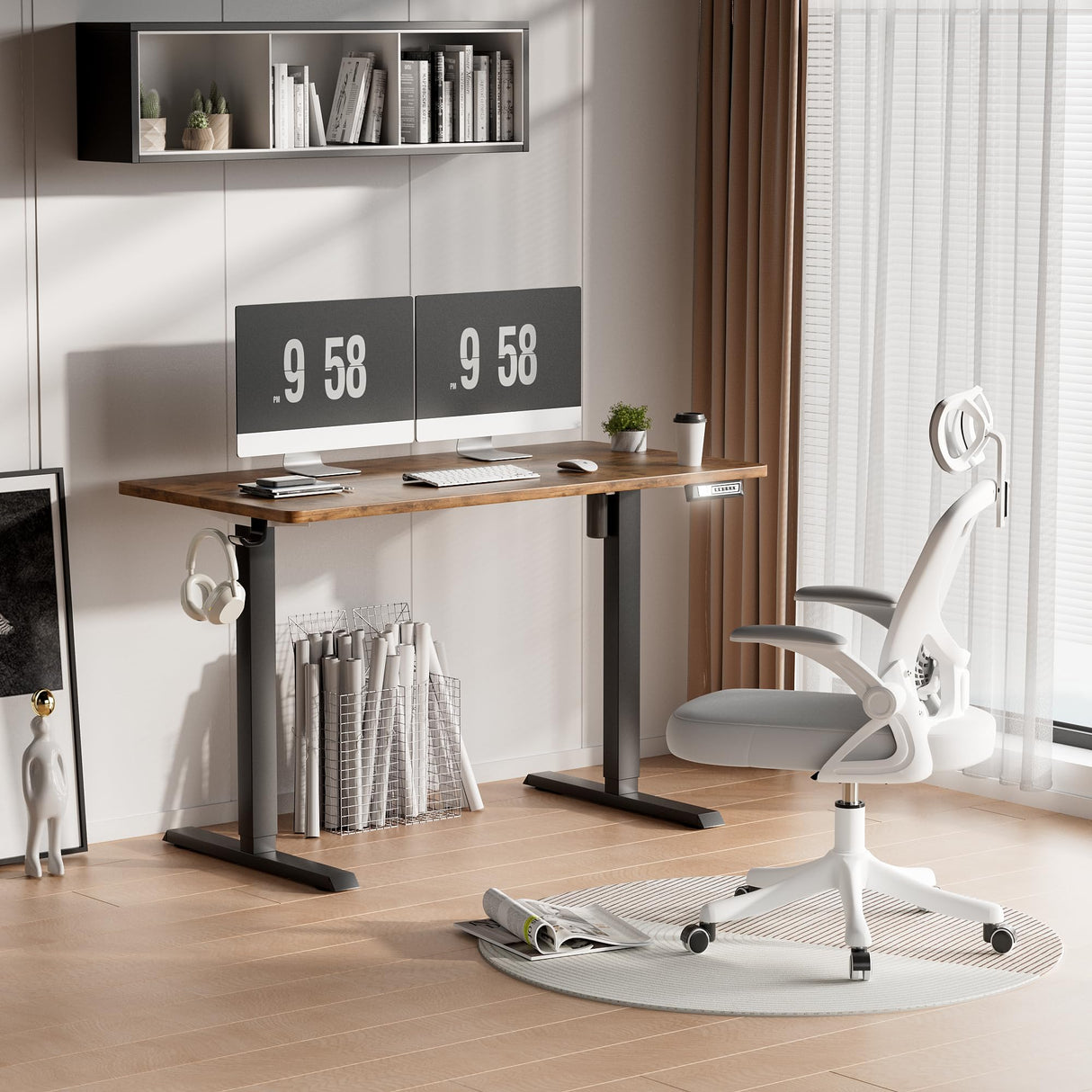 Furmax Electric Standing Desk, 47 x 24 Inches Height Adjustable Desk with Removable Casters, Home Office Computer Desk (Brown) Furmax