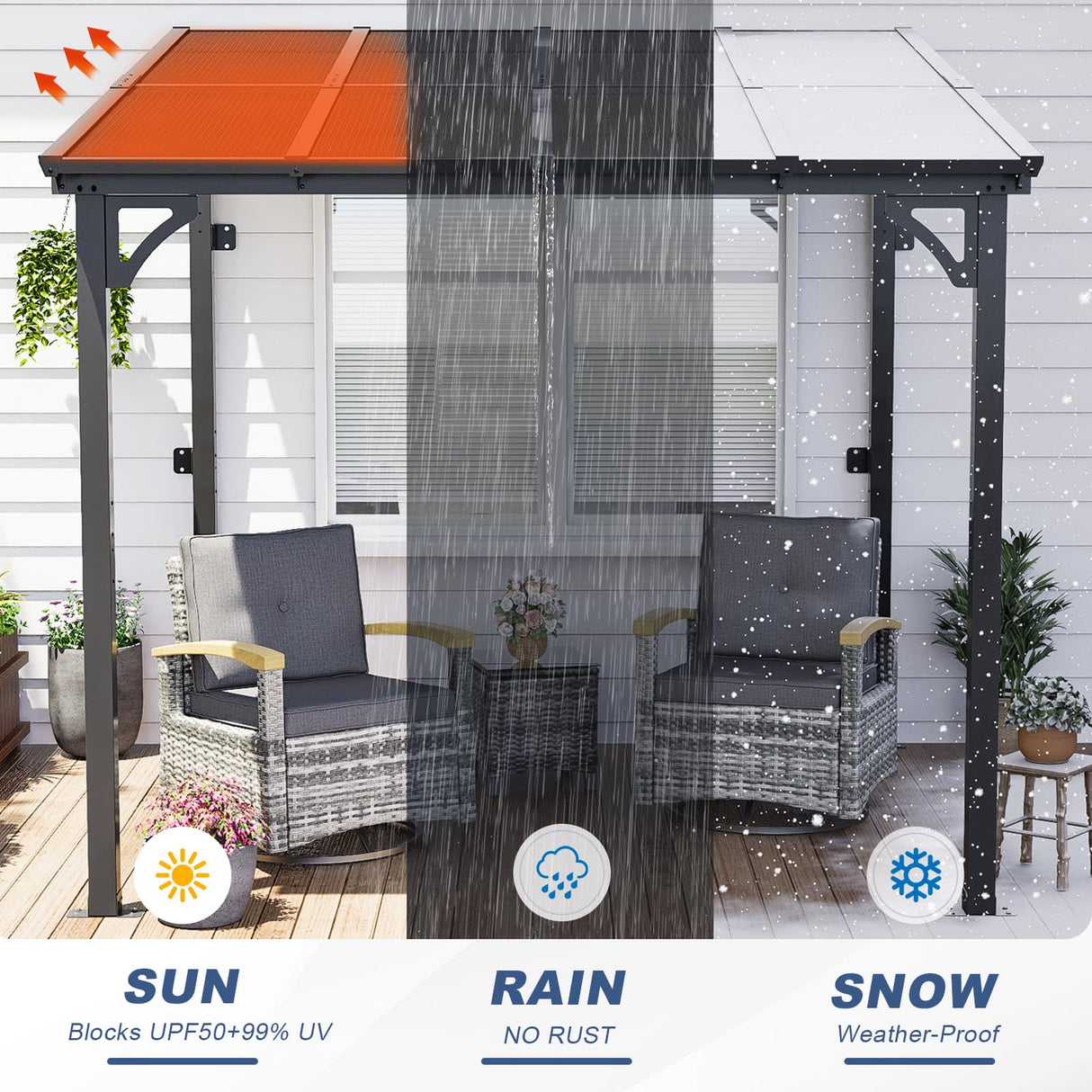 MEISSALIVVE 8' x 8' Gazebo, Wall Mounted Gazebo, Lean to Metal Awnings Gazebos, Gazebo Pergola with Sloped Roof, Outdoor Patio Gazebo Awning for Backyard, Deck, Black MEISSALIVVE