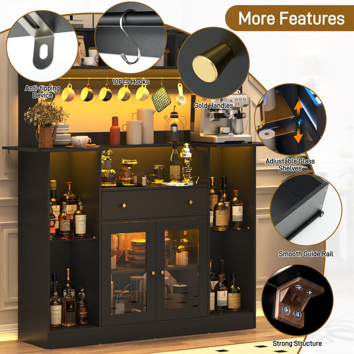 Black Coffee Bar Cabinet with Hutch & LED Lights, 70" Tall Buffet Buffet Cabinet with Storage,Modern Kitchen Sideboard Glass Doors Tall Coffee Hutch with Microwave Stand Glass Shelf Dining Room chartustriable