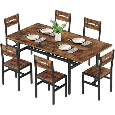 RALGEND 7-Piece Dining Table Set for 4-6, 63" Extendable Kitchen Table and 6 Chairs, Rectangle Dining Room Table Set for 6 with Wine Rack for Small Saving Space, Rustic Brown and Black
