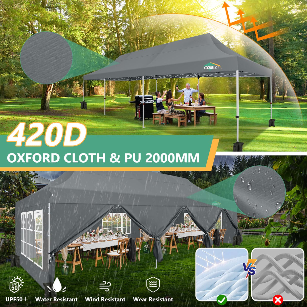 COBIZI 10x30 Pop Up Canopy Tent with 8 Removable Sidewalls EZ POP Up Party 10x30 Canopy Tent Waterproof and UPF50+,Outdoor canopy tents for Parties Wedding Events,with Roller Bag & Sandbags(gray COBIZI