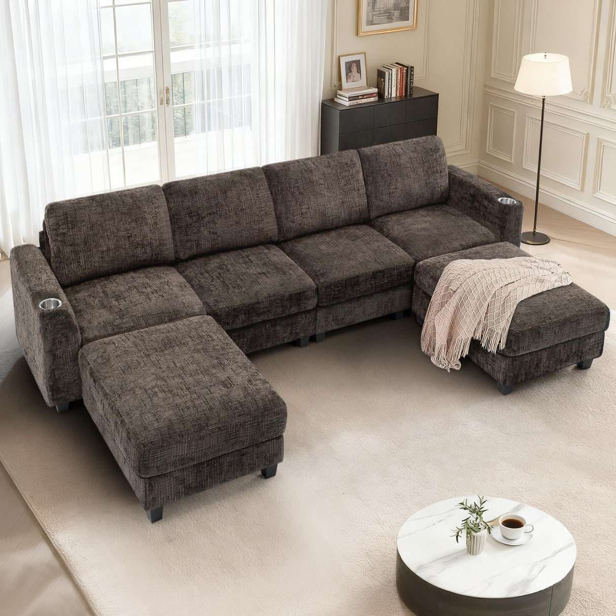 Lesofair 110" Chenille Sectional Sofa with Movable Ottomans, Modular U-Shape Couch with Cup Holders, Convertible 4 Seater Sofa with Well-Filled Backrest Cushions for Living Room, House, Brown Lesofair