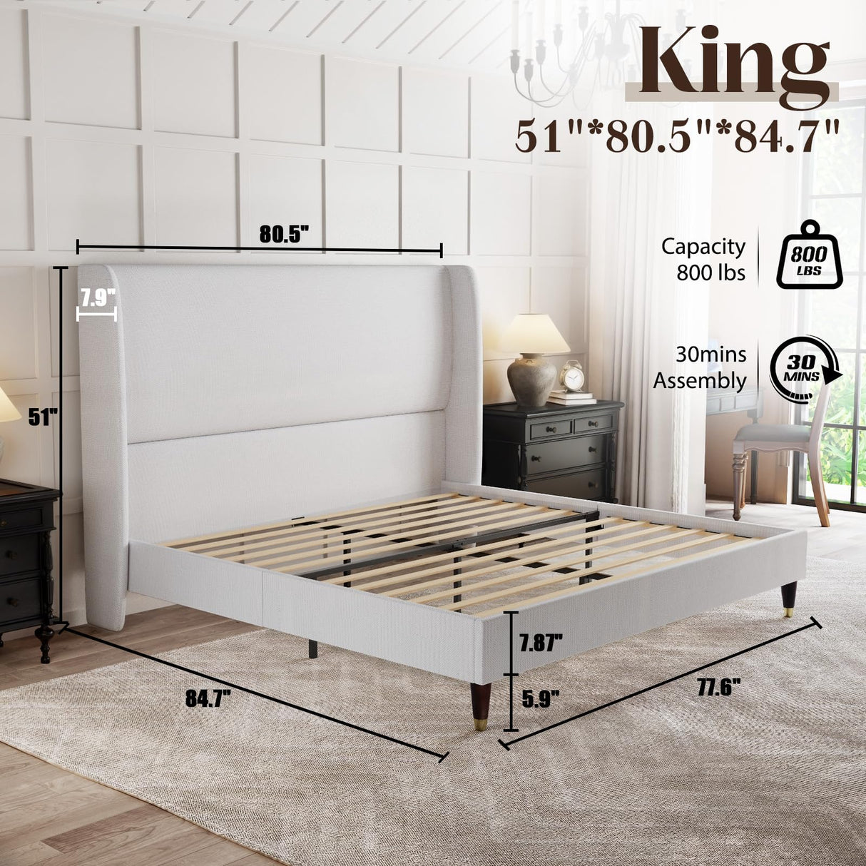 PaPaJet King Platform Bed Frame 51.2" High Headboard Tall Upholstered Bed/No Box Spring Required/Wood Slat Support/Easy Assembly White PaPaJet