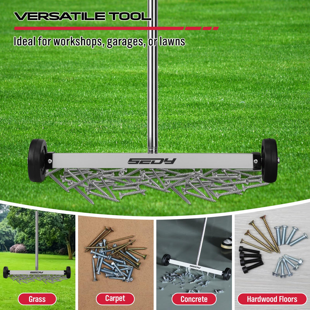 Magnet Sweeper Magnetic Nail Roller: 17-Inch Heavy Duty Magnet Nail Pickup Rolling Tool with Telescoping Adjustable Handle 8.8-Pound Capacity Ideal for Workshop Garage Yard Construction Cleanup SEDY