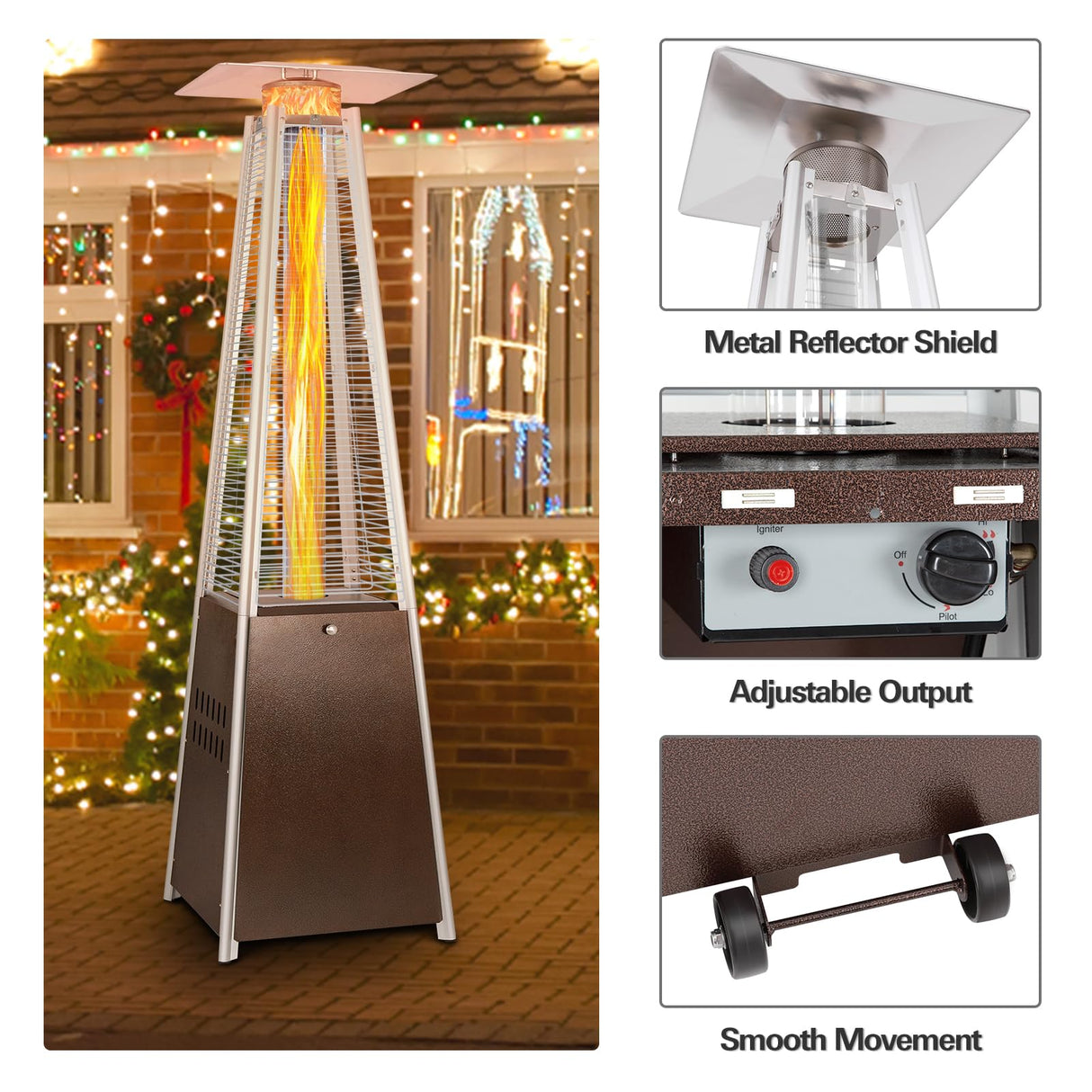 Hykolity Pyramid Patio Heater, 48000 BTU Glass Tube Propane Patio Heater with Wheels and Cover, Outdoor Propane Heaters for Patio, Backyard, Garden, Porch, and Pool, Bronze hykolity