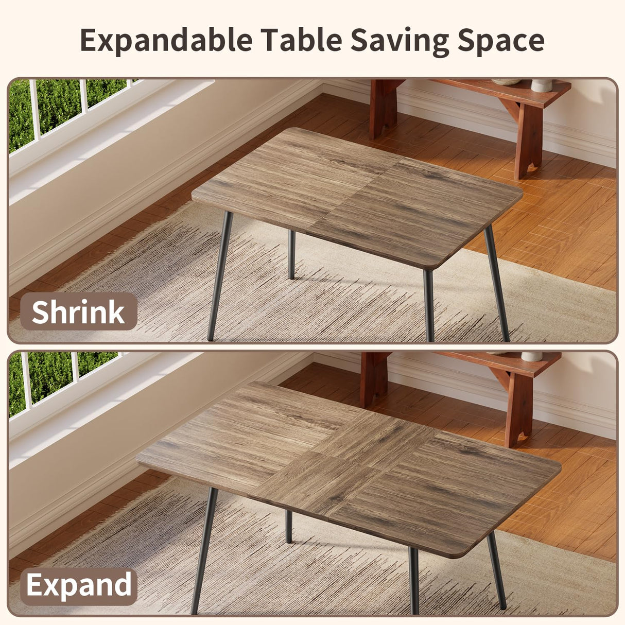 Qsun 63” 7-Piece Dining Table Set for 4-6 People, Extendable Kitchen Table Set with 6 Chairs, Dining Room Table with Metal Frame and Solid MDF Wood Board for Kitchen, Grey Qsun