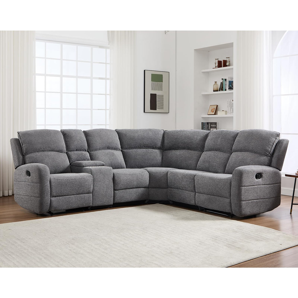 EBELLO Fabric L-Shaped Reclining Sectional Sofa Couch for Living Room, Manual Recliner Oversized Sofa, with Padded Headrest, 2 Cup Holders, Storage Space, 5-Seater Home Furniture Set, Grey EBELLO