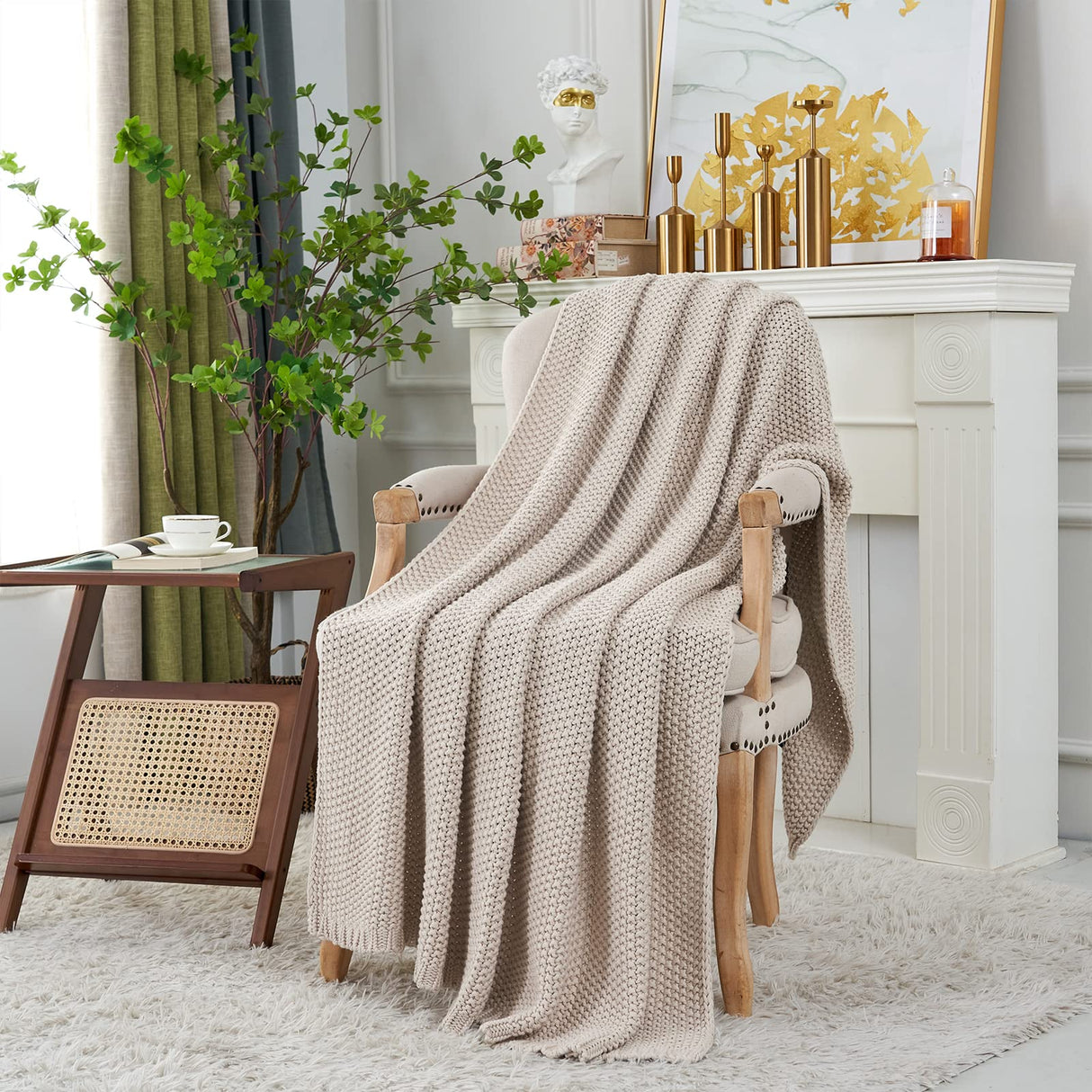 Chunky Cable Knit Throw Blanket Lightweight Beige 100% Organic Cotton Blanket for Sofa Couch Bed Baby Nursery, Rustic Shabby Chic Modern Farmhouse, 51” x 63” Give Laundering Bag Longhui bedding