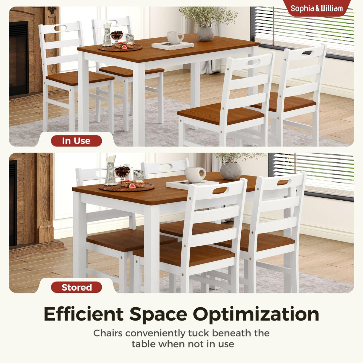 Sophia & William 5 Piece Dining Table Set for 4, Wood Kitchen Table and Chairs,Space-Saving Farmhouse Dining Sets,Walnut & White Sophia & William